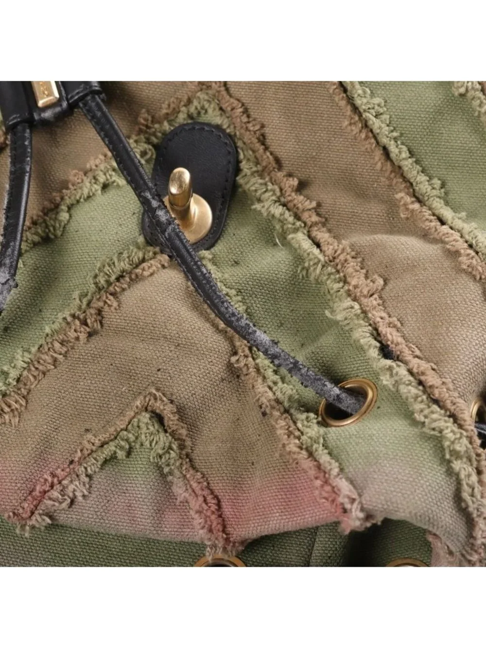 Chanel CC Logo Quilted Slash Quilt Canvas Chain Shoulder Backpack Gold Khaki